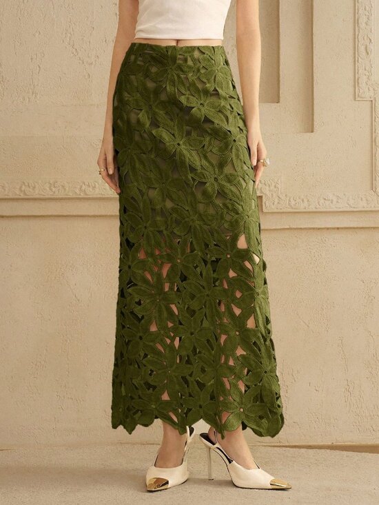 Dresses & Skirts - Army Green Elegant Women's Floral Cutout A-Line Skirt